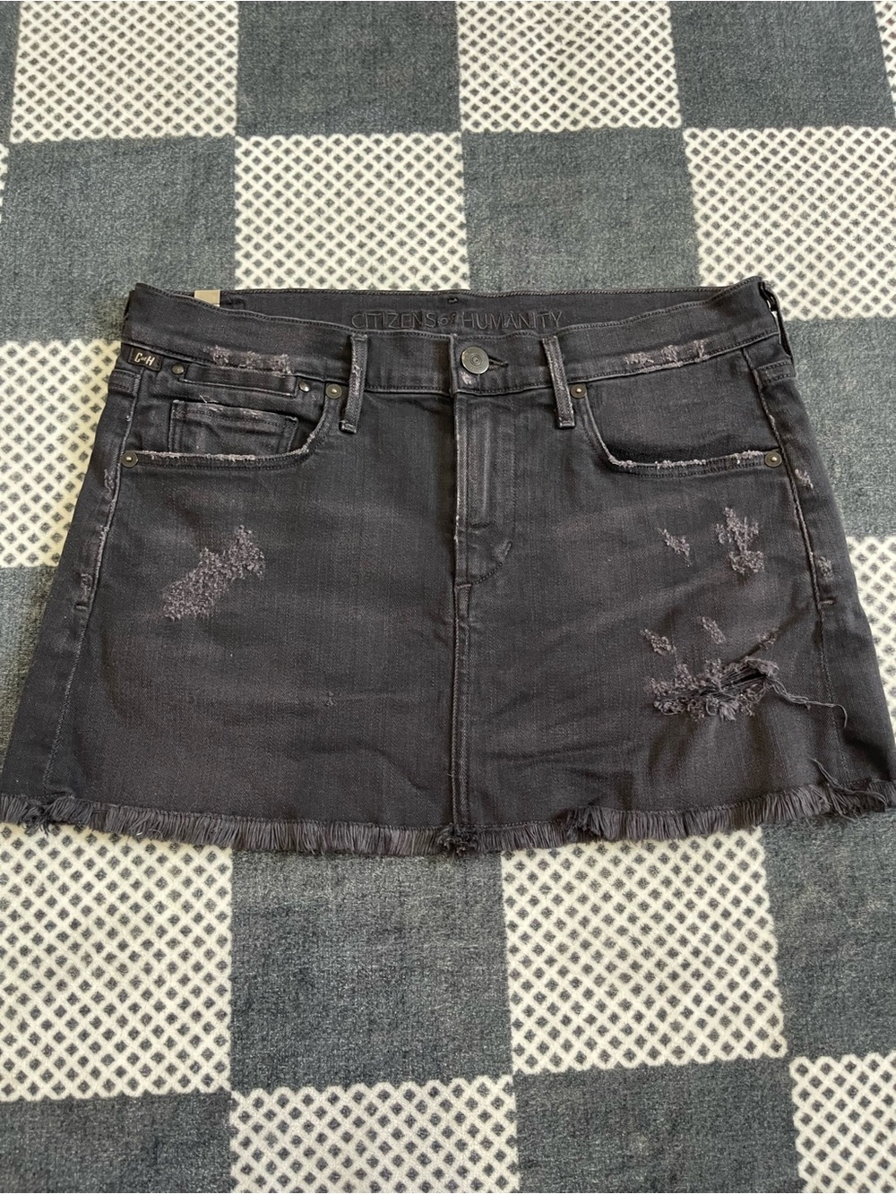 Citizens Of Humanity Black Distressed Denim Mini Skirt with Frayed Hem